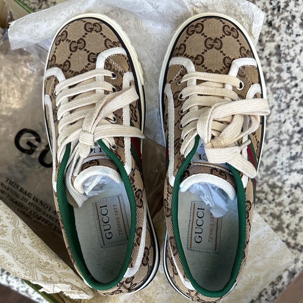 Signature Gucci Women’s Tan and Green Sneakers
